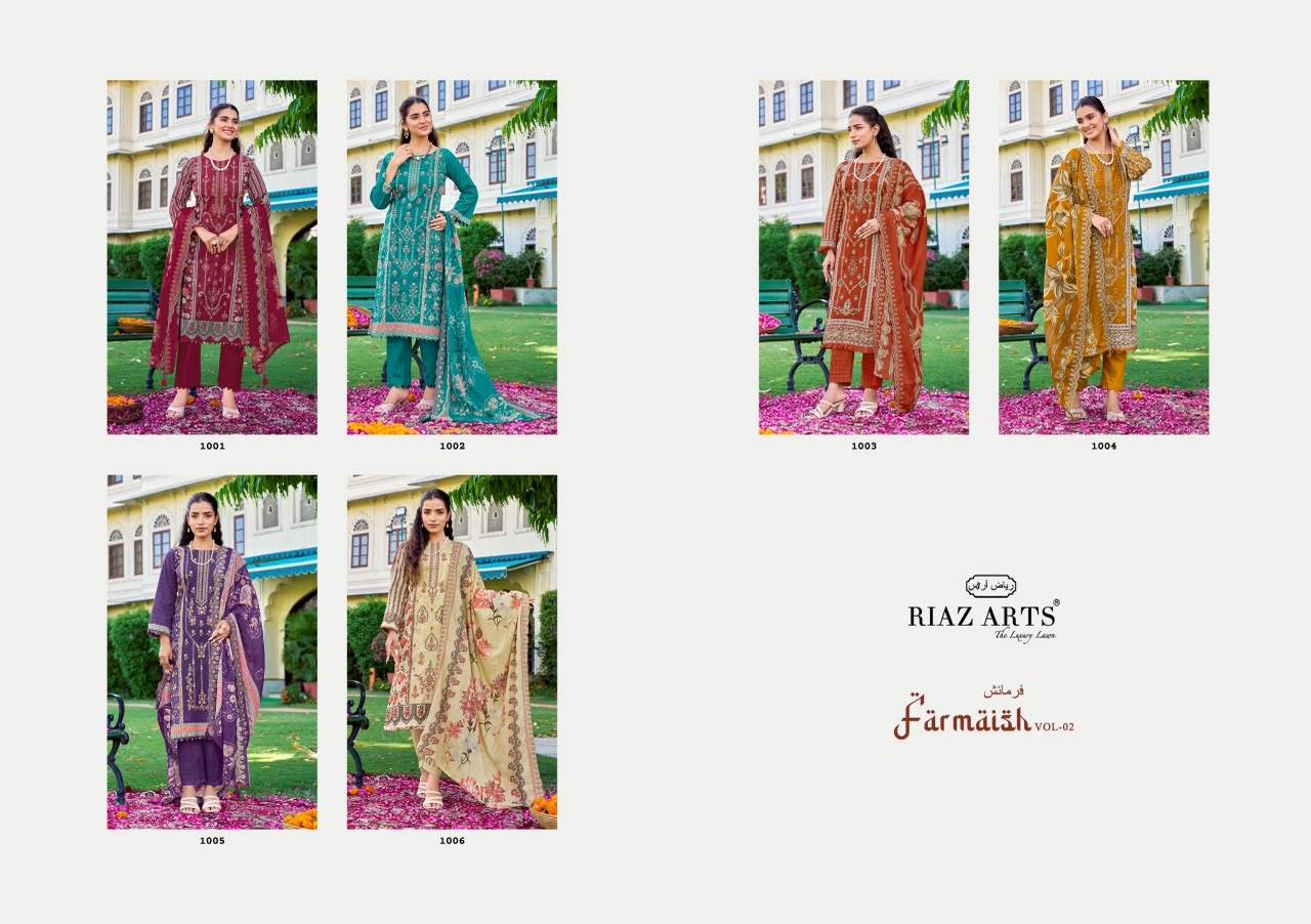 FARMAISH VOL 2 By RIAZ ARTS 1001 To 1006 Series Pakistani Suits Ethnic Wear LAWN COTTON CAMRIC Dresses At Wholesale